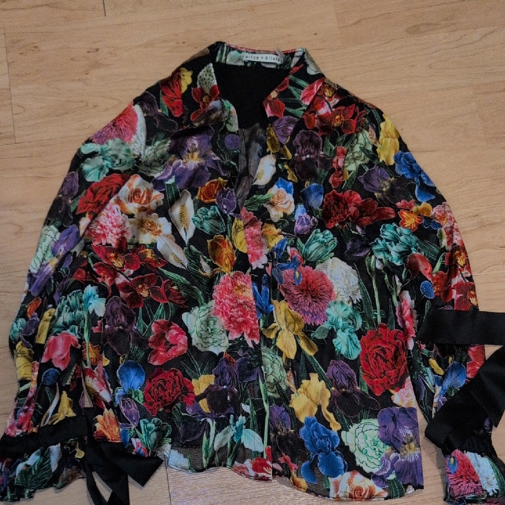 Alice + Olivia Floral Long Sleeve Blouse with Ribbon Details
